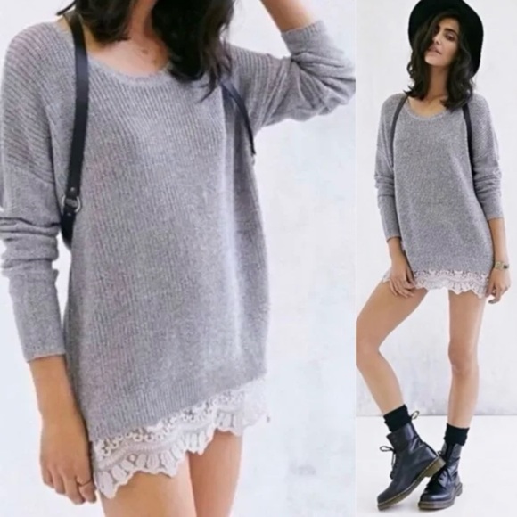 Urban Outfitters Sweaters - Urban Outfitters Pins & Needles Oversized Lace Trim Sweater Gray Knit Cozy Sz M